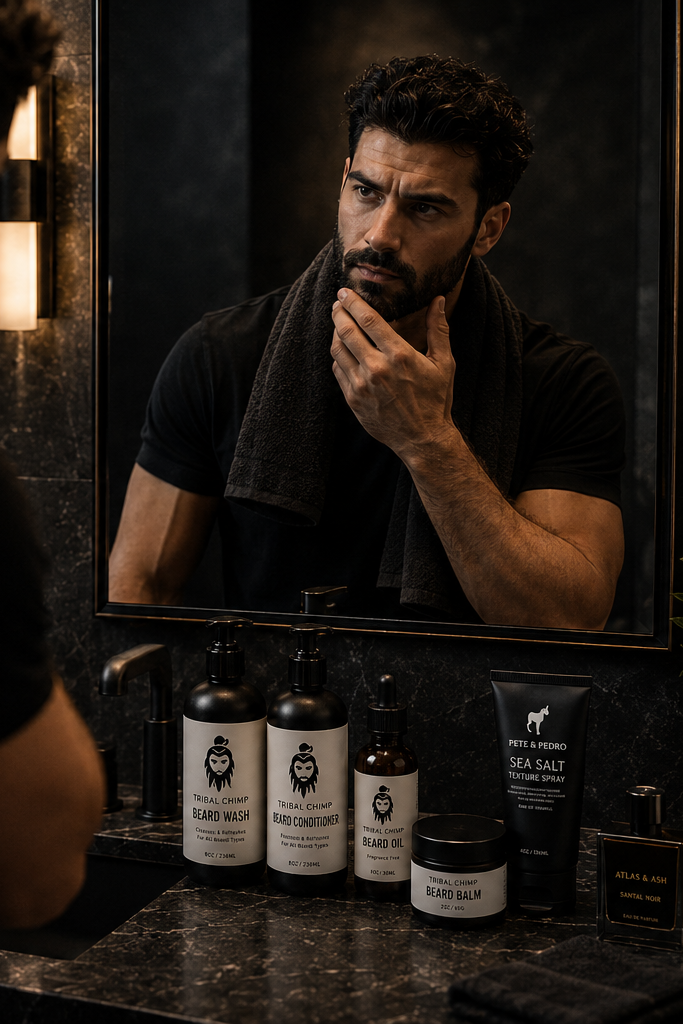 Man grooming himself in front of a mirror with grooming products on a counter.
