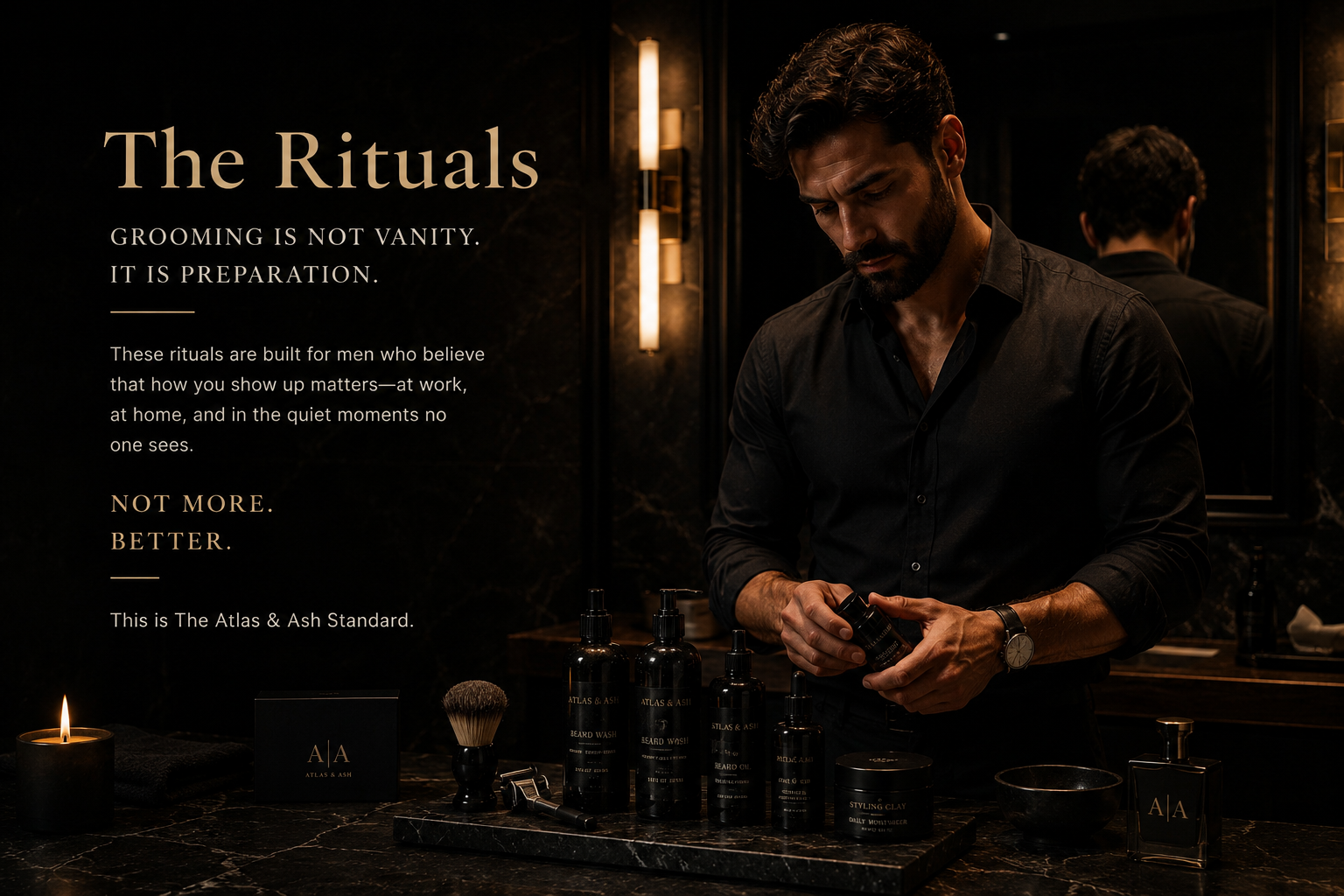 Man preparing for a grooming ritual in a barbershop setting with text about the importance of grooming.