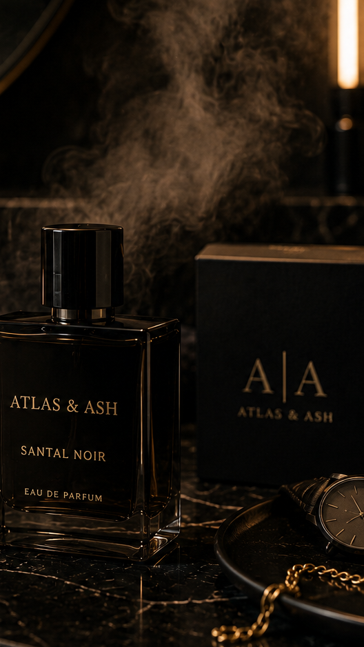 Atlas & Ash Santal Noir Eau de Parfum bottle in a dark glass bottle, styled on a black marble surface with a lit candle, branded box, and a watch in a moody, dark setting with smoke.