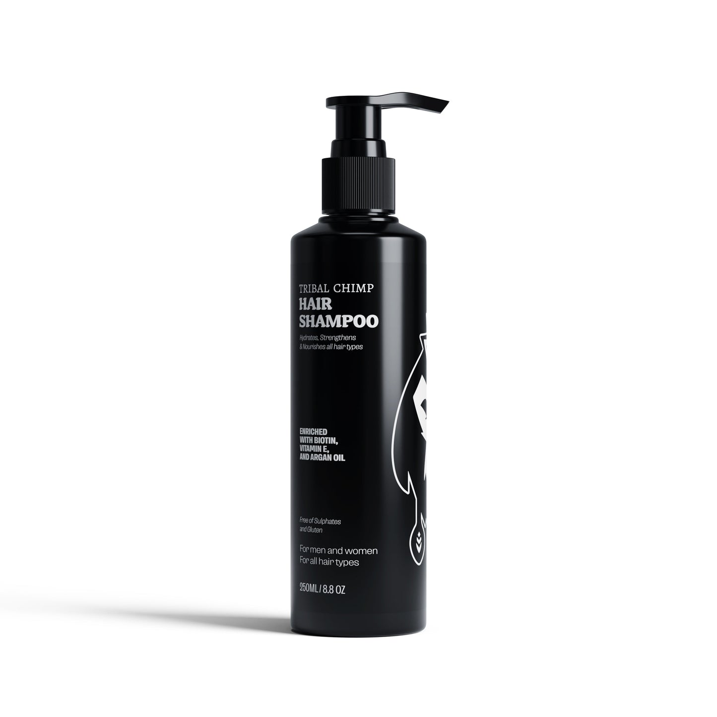 Black shampoo bottle with brand logo on a white background