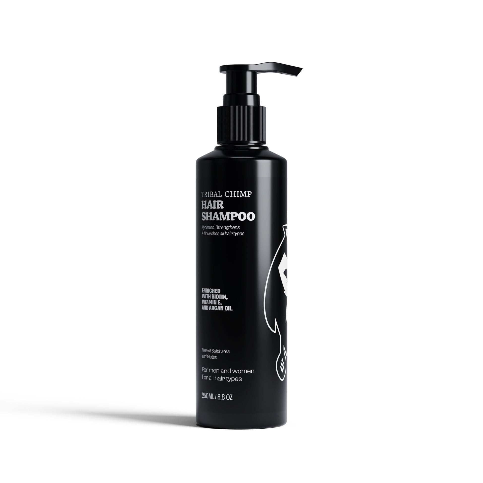 Black shampoo bottle with brand logo on a white background