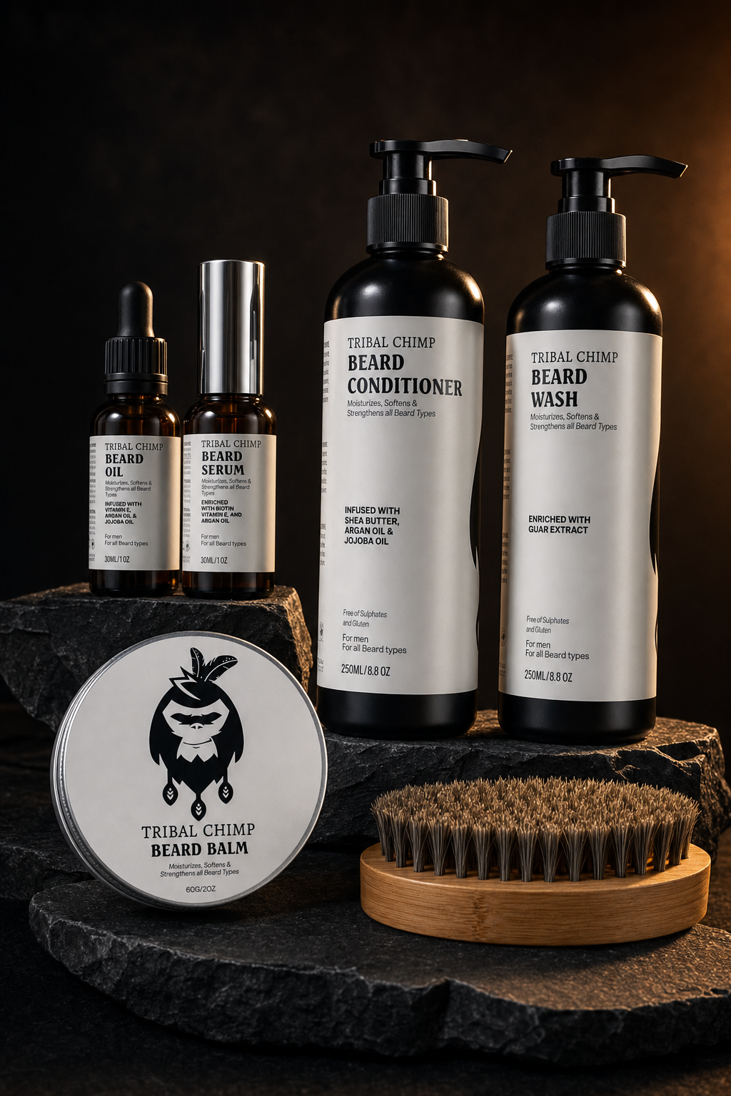 Collection of Tribal Chimp beard care products including wash, conditioner, balm, and oils on a dark background.