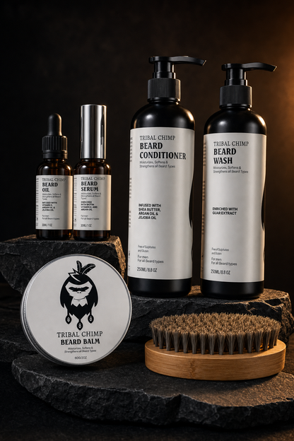 Collection of Tribal Chimp beard care products including wash, conditioner, balm, and oils on a dark background.