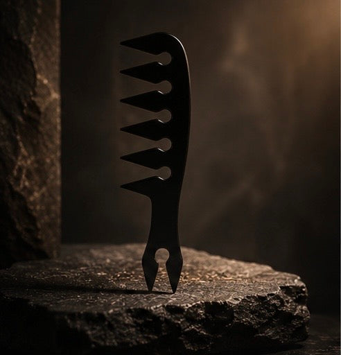 Black comb on a textured stone surface with a dark background