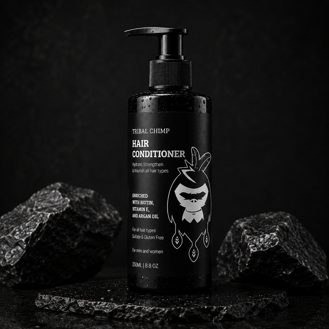 Tribal Chimp hair conditioner bottle on a dark background with rocks.