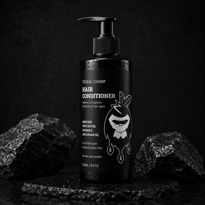 Tribal Chimp hair conditioner bottle on a dark background with rocks.