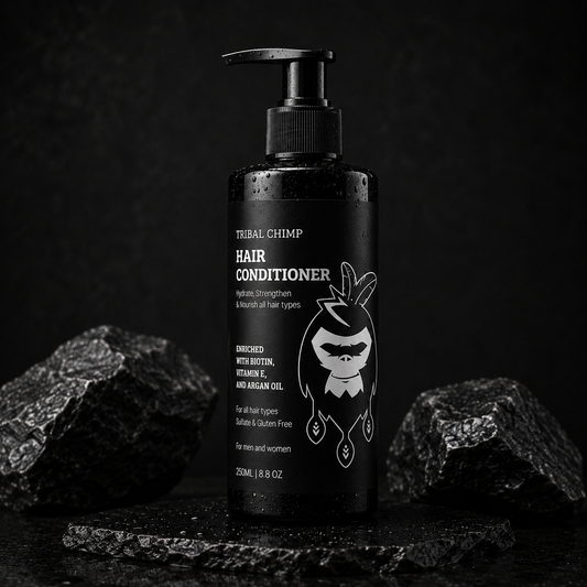 Tribal Chimp hair conditioner bottle on a dark background with rocks.