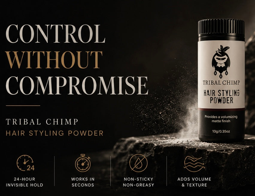 Tribal Chimp hair styling powder bottle with product features on a dark background