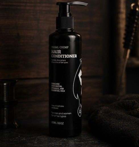 Tribal Chimp hair conditioner bottle on a dark background