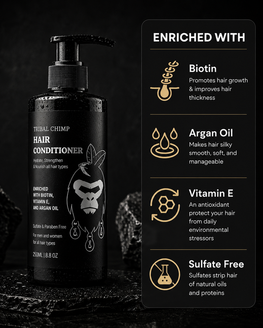 Tribal Chimp hair conditioner bottle with ingredients listed on a dark background
