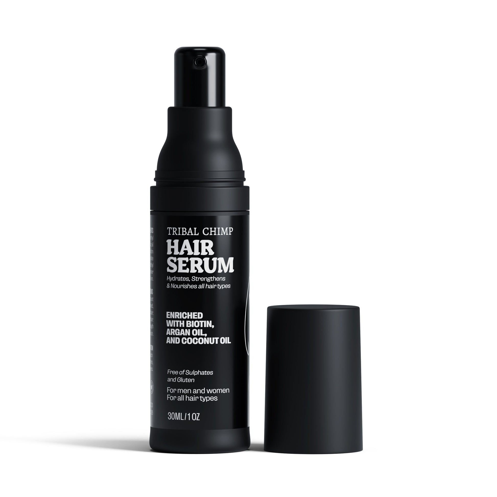 Black hair serum bottle with label on a white background