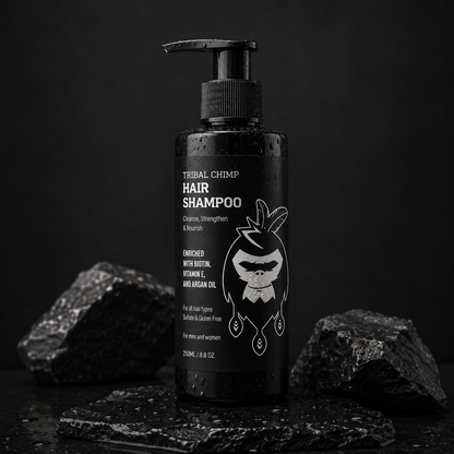 Tribal Chimp hair shampoo bottle on a dark background
