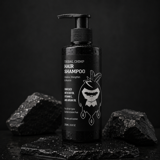 Tribal Chimp hair shampoo bottle on a dark background