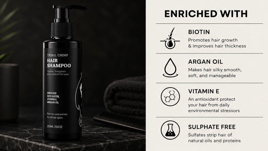 Hair shampoo bottle with ingredients list on a dark background