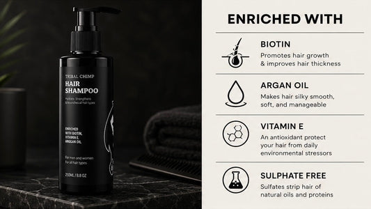 Hair shampoo bottle with ingredients list on a dark background