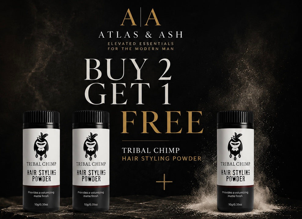 Atlas & Ash Tribal Chimp hair styling powder with promotional text on a dark background
