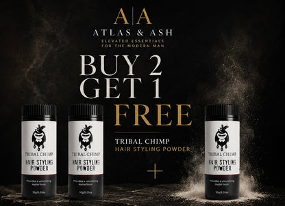 Atlas & Ash Tribal Chimp hair styling powder with promotional text on a dark background
