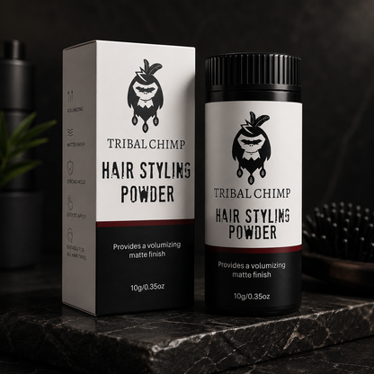 Tribal Chimp hair styling powder packaging on a dark surface