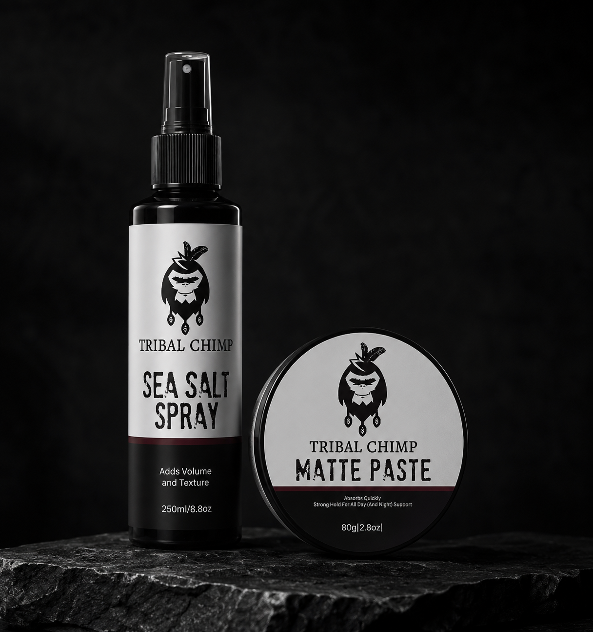 Tribal Chimp Sea Salt Spray and Matte Paste on a dark background