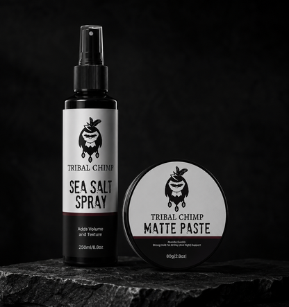Tribal Chimp Sea Salt Spray and Matte Paste on a dark background