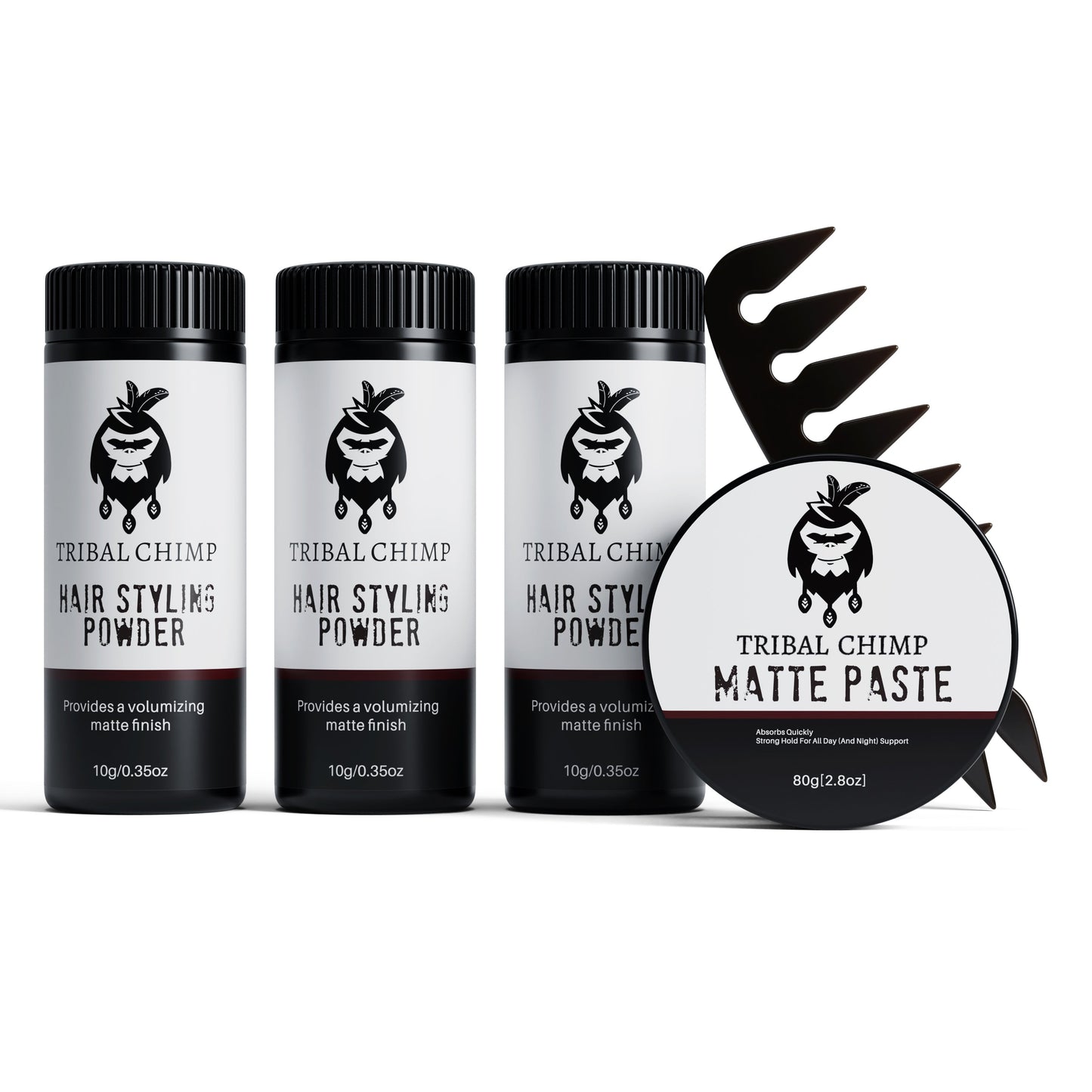 Tribal Chimp hair styling products including powder and matte paste on a white background