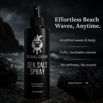 Tribal Chimp Sea Salt Spray bottle with beach background and promotional text.