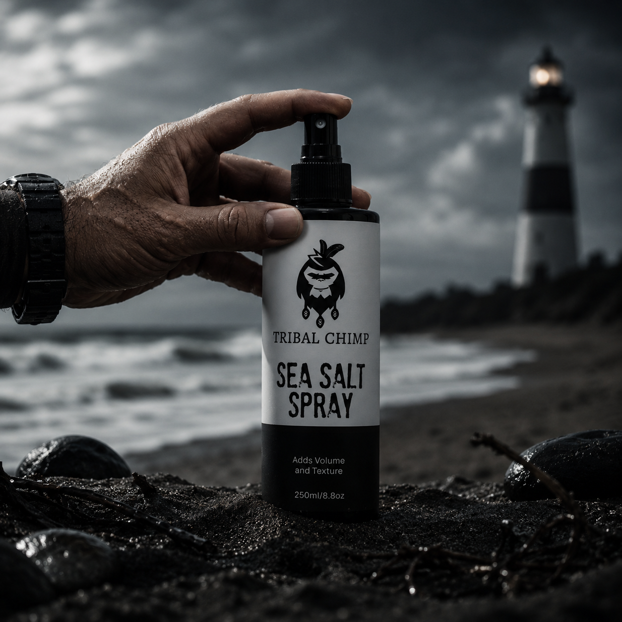 Hand holding a bottle of 'Tribal Chimp Sea Salt Spray' with a lighthouse in the background.