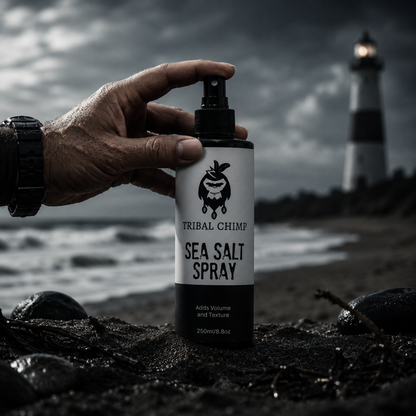 Hand holding a bottle of 'Tribal Chimp Sea Salt Spray' with a lighthouse in the background.