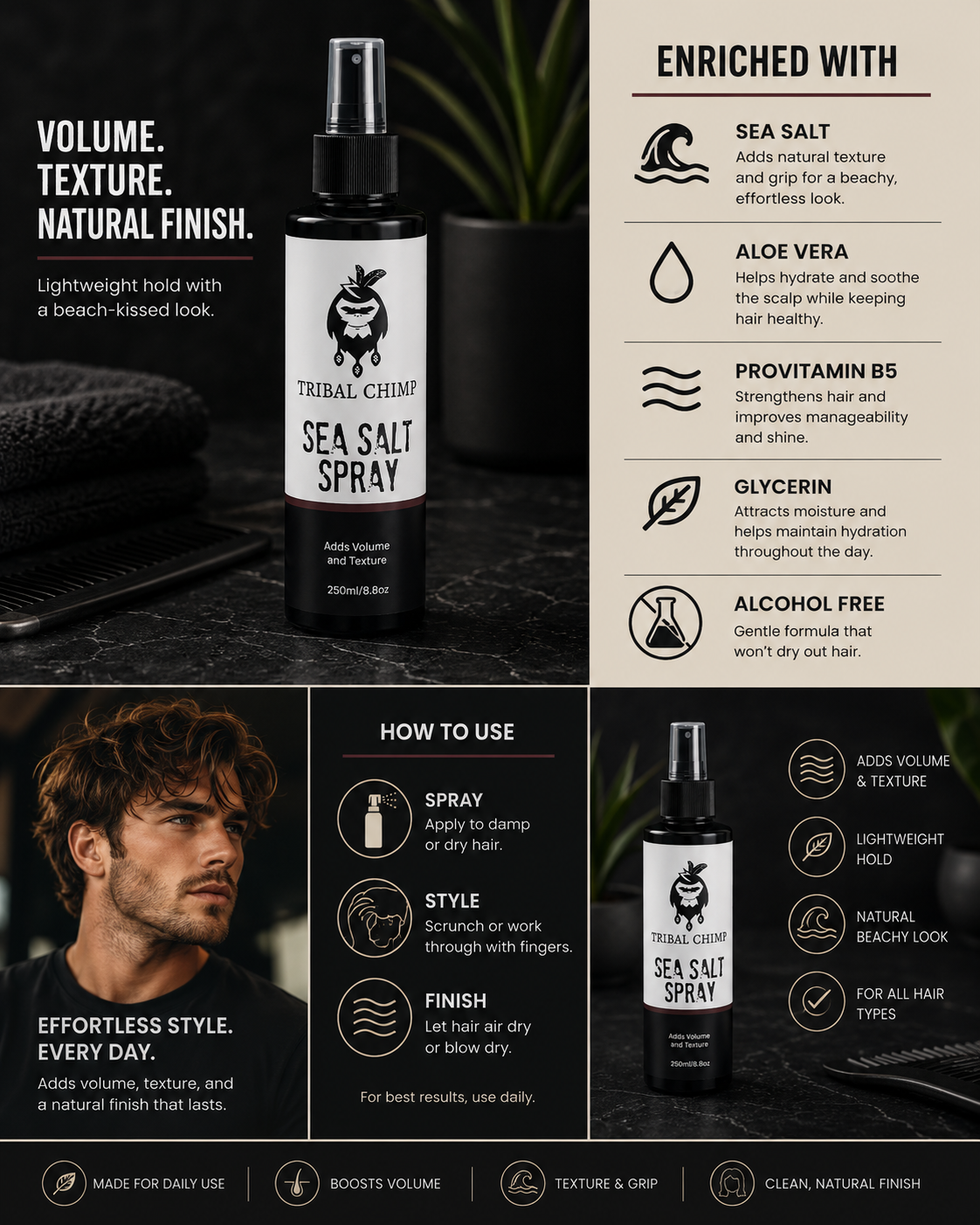 Tribal Chimp Sea Salt Spray bottle with product details and usage instructions on a dark background.