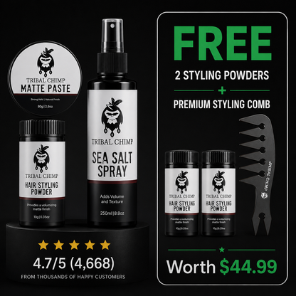 Tribal Chimp hair styling products including matte paste, sea salt spray, and powder with a freebie offer on a black background.