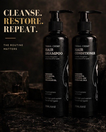 Two bottles of Tribal Chimp Hair Shampoo and Conditioner on a dark background with text 'Cleanse. Restore. Repeat.'