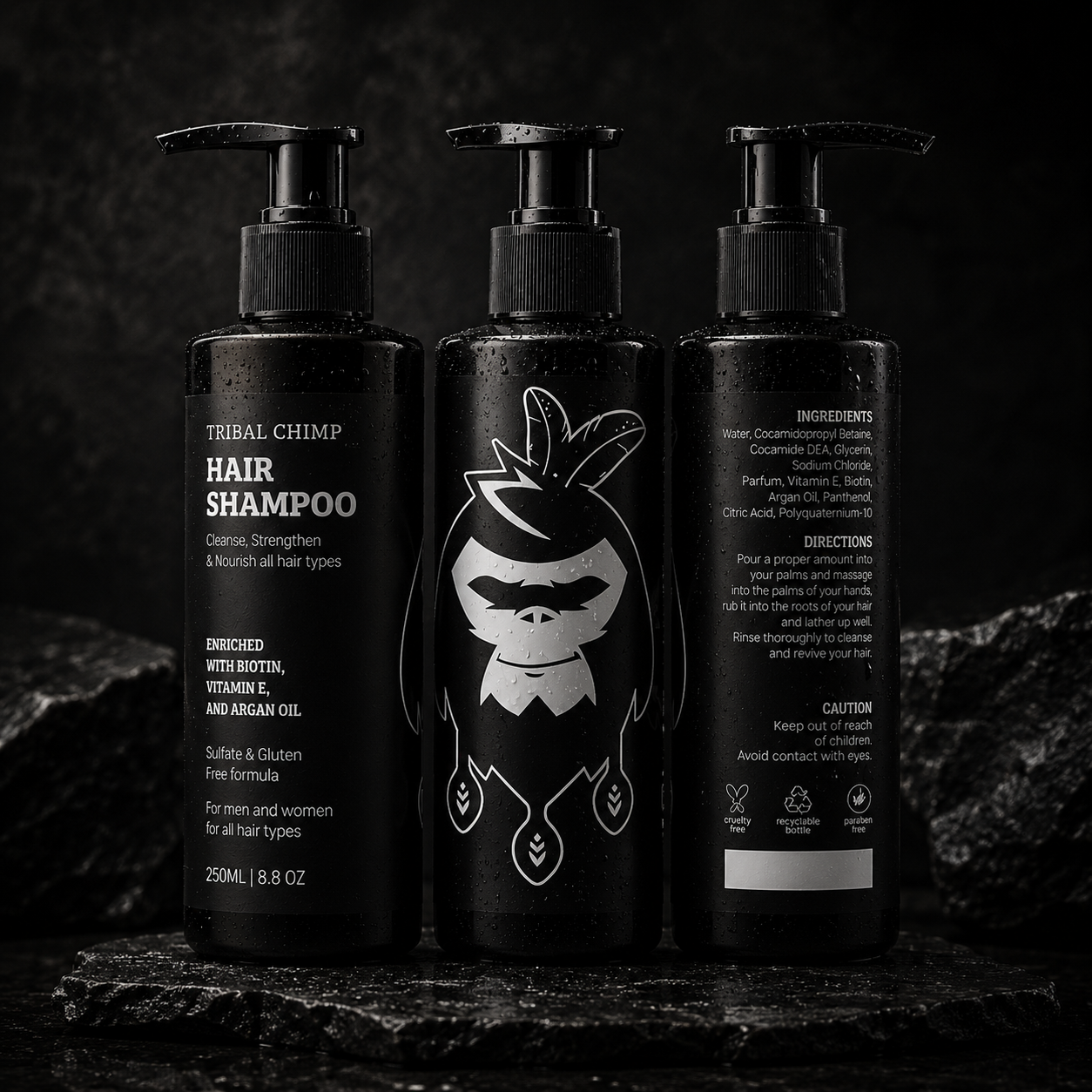 Three bottles of Tribal Chimp hair shampoo on a dark background