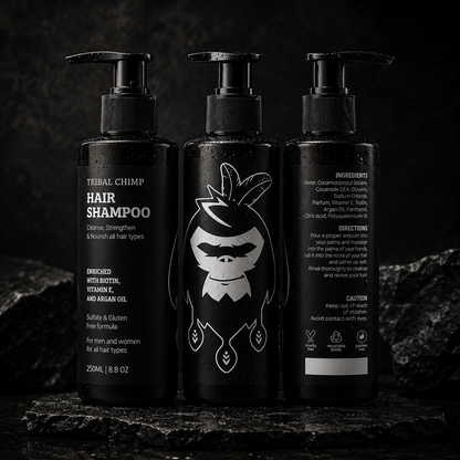 Three bottles of Tribal Chimp hair shampoo on a dark background