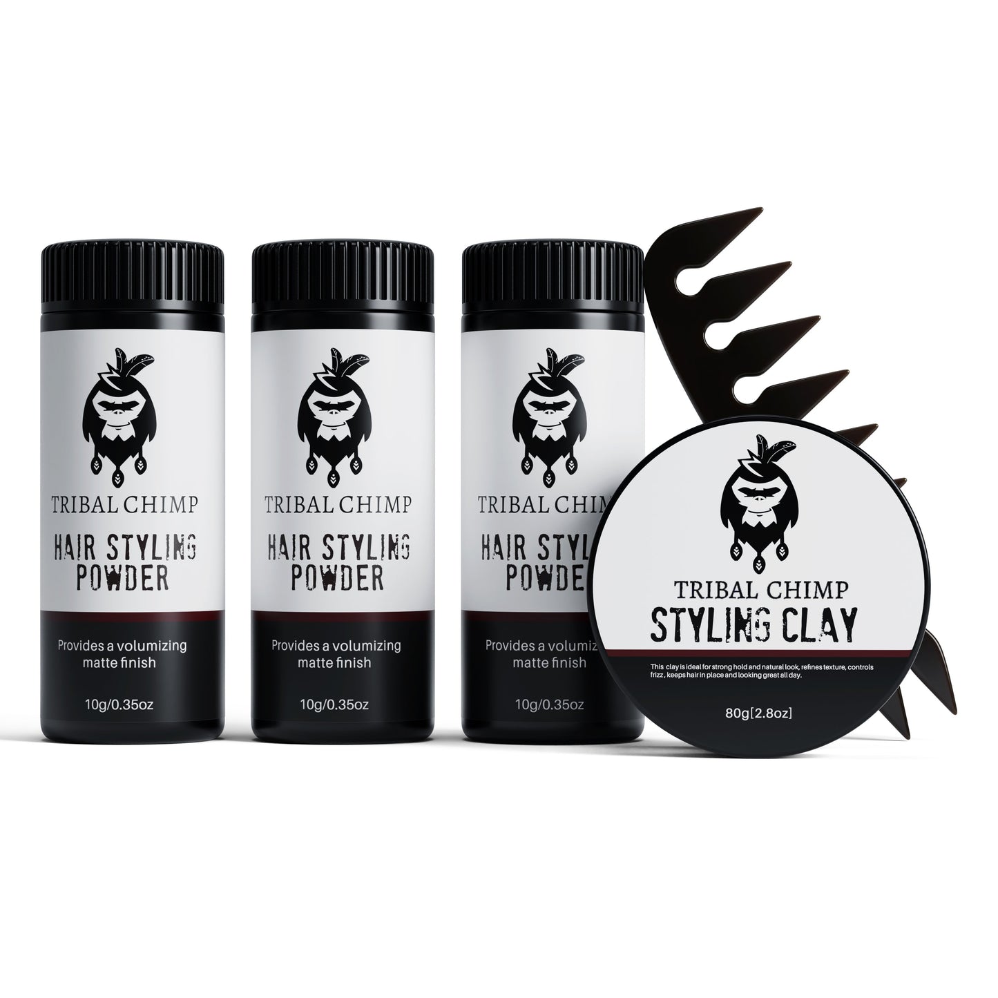 Tribal Chimp hair styling products including powder and clay on a white background