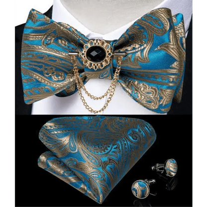 Business Elegant Gold Black Pattern Elegant Wedding Silk Bowtie Men Butterfly Fashion Bow Ties Pocket Square Classic Business Tuxedo Wedding Bowties Handkerchief Set