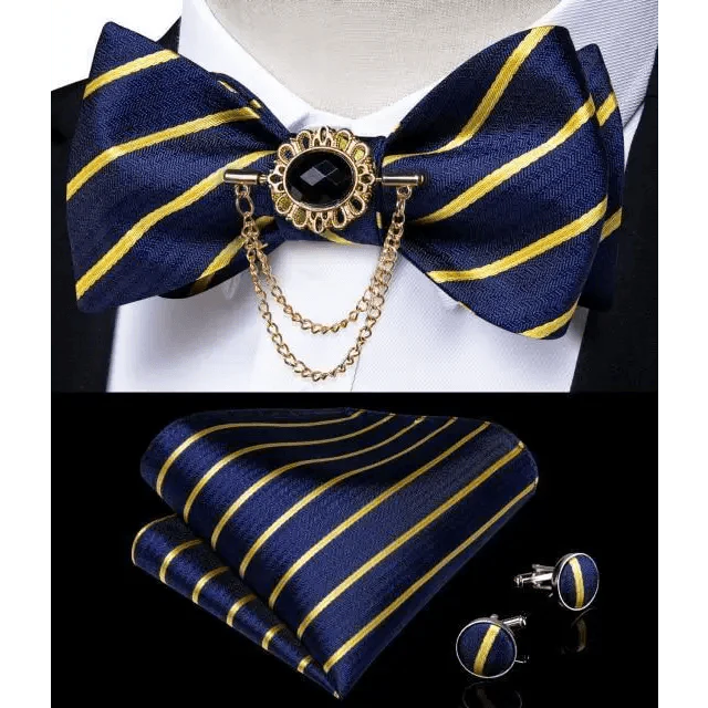 Business Elegant Gold Black Pattern Elegant Wedding Silk Bowtie Men Butterfly Fashion Bow Ties Pocket Square Classic Business Tuxedo Wedding Bowties Handkerchief Set
