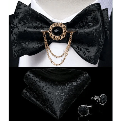 Business Elegant Gold Black Pattern Elegant Wedding Silk Bowtie Men Butterfly Fashion Bow Ties Pocket Square Classic Business Tuxedo Wedding Bowties Handkerchief Set