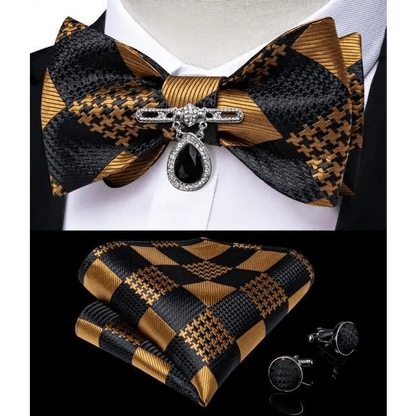Business Elegant Gold Black Pattern Elegant Wedding Silk Bowtie Men Butterfly Fashion Bow Ties Pocket Square Classic Business Tuxedo Wedding Bowties Handkerchief Set