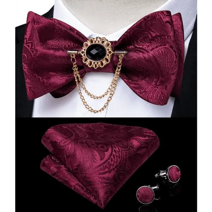 Business Elegant Gold Black Pattern Elegant Wedding Silk Bowtie Men Butterfly Fashion Bow Ties Pocket Square Classic Business Tuxedo Wedding Bowties Handkerchief Set