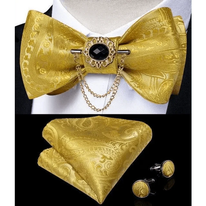 Business Elegant Gold Black Pattern Elegant Wedding Silk Bowtie Men Butterfly Fashion Bow Ties Pocket Square Classic Business Tuxedo Wedding Bowties Handkerchief Set