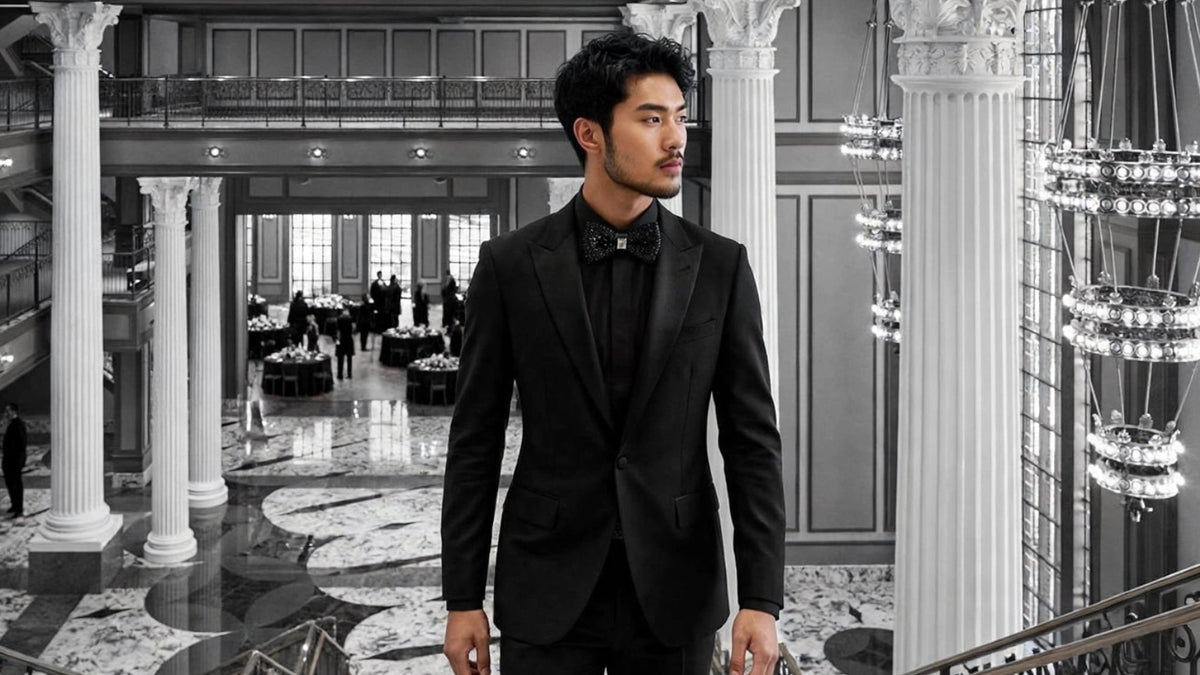 A man in a black suit walks down a grand marble staircase in a luxurious hotel lobby with white columns and chandeliers. The image has a selective color effect where the environment is rendered in grayscale.
