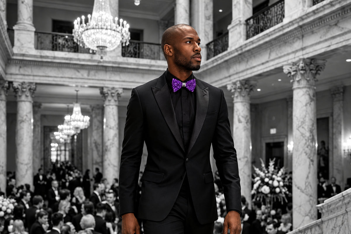 A man in a black tuxedo with a bright purple bow tie walks down a grand marble staircase in a luxurious hotel ballroom with chandeliers and guests in the background.